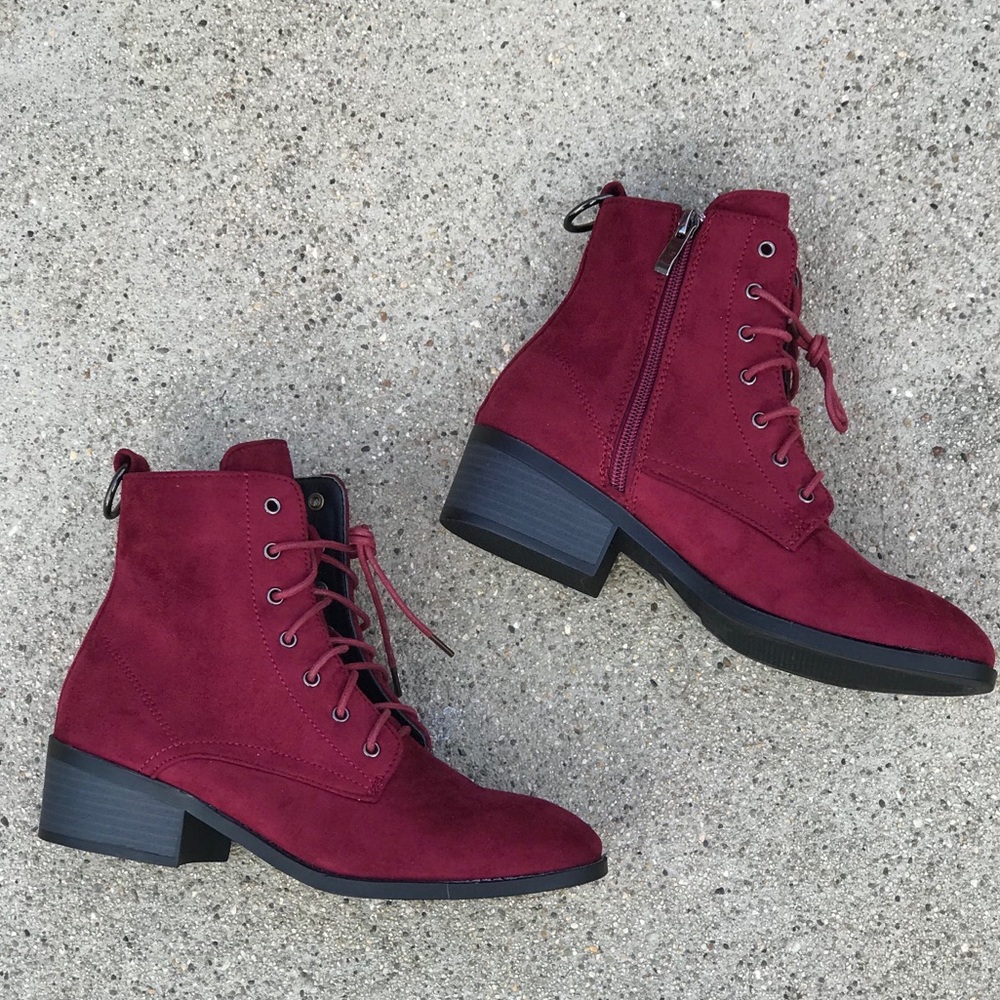 New! Kennedy Burgundy Wine Faux Suede COMBAT BOOTS - Picture 2 of 8